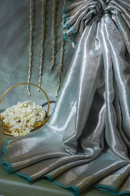 Pure Tissue Molten Gold Handwoven Saree with Sea Green Border &amp; Pallu