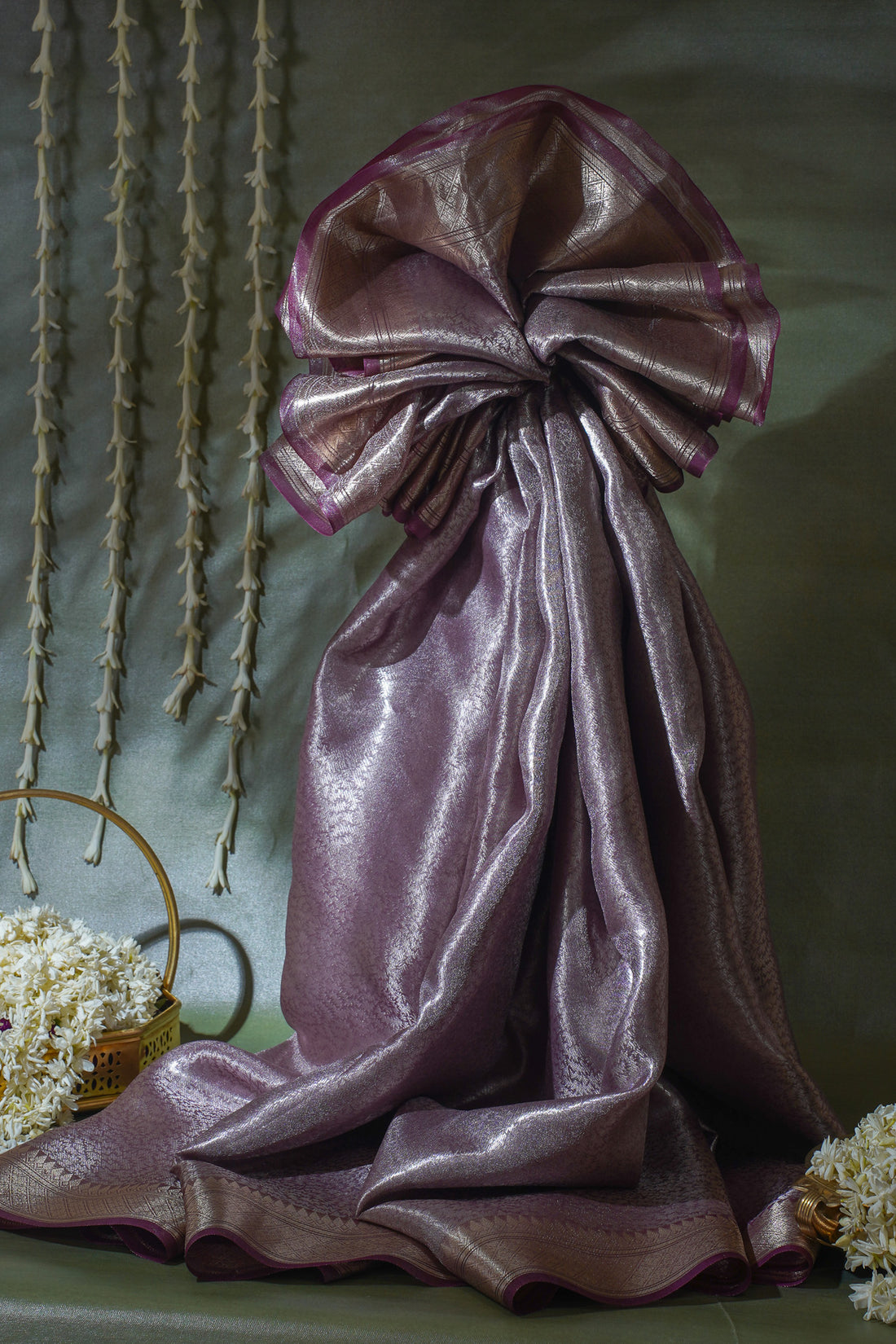 Pure Tissue Molten Gold Handwoven Saree with Plum Border &amp; Pallu
