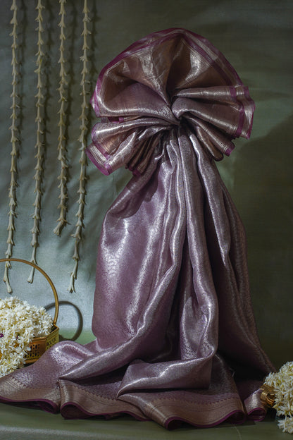 Pure Tissue Molten Gold Handwoven Saree with Plum Border &amp; Pallu