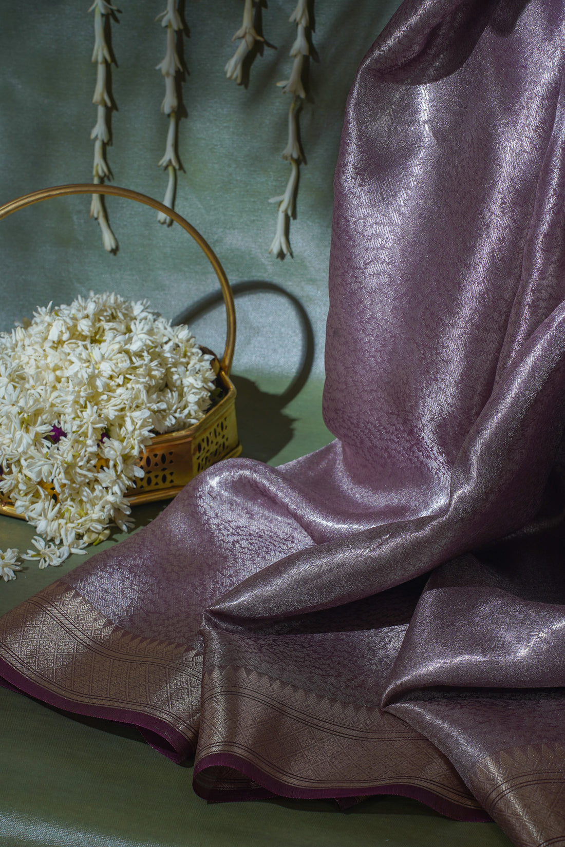 Pure Tissue Molten Gold Handwoven Saree with Plum Border &amp; Pallu
