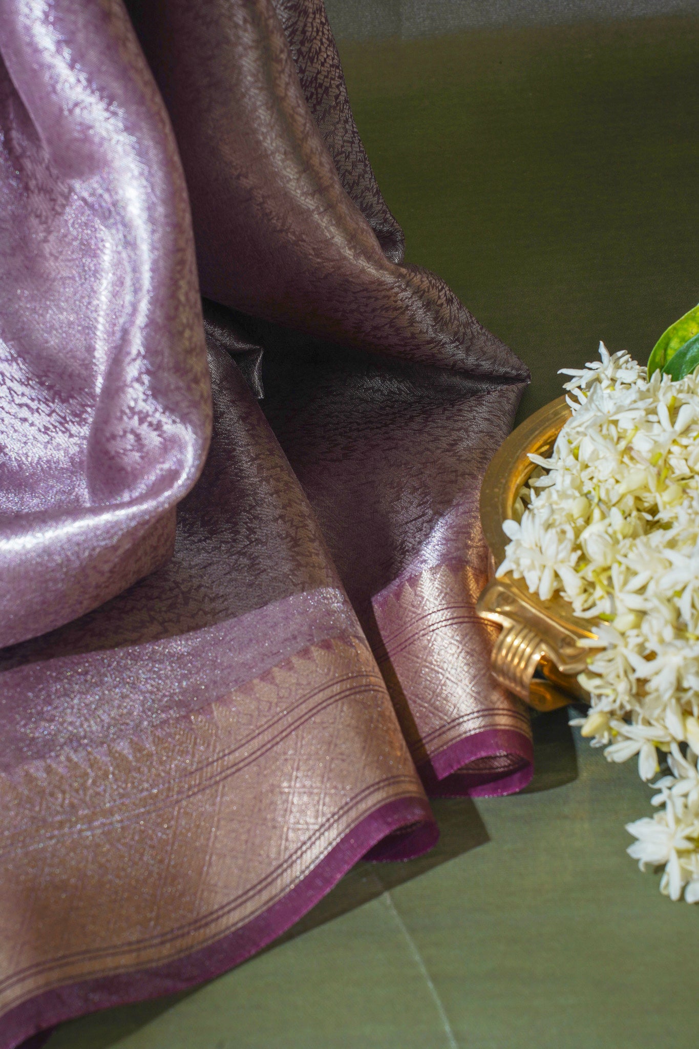 Pure Tissue Molten Gold Handwoven Saree with Plum Border &amp; Pallu
