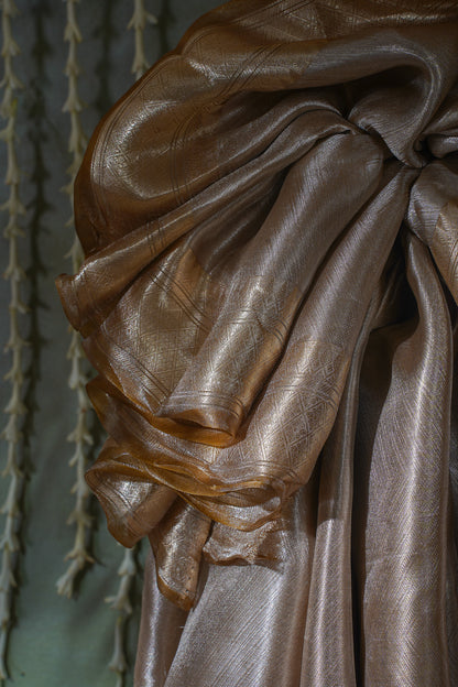 Pure Tissue Molten Gold Handwoven Saree with Antique Bronze Border &amp; Pallu