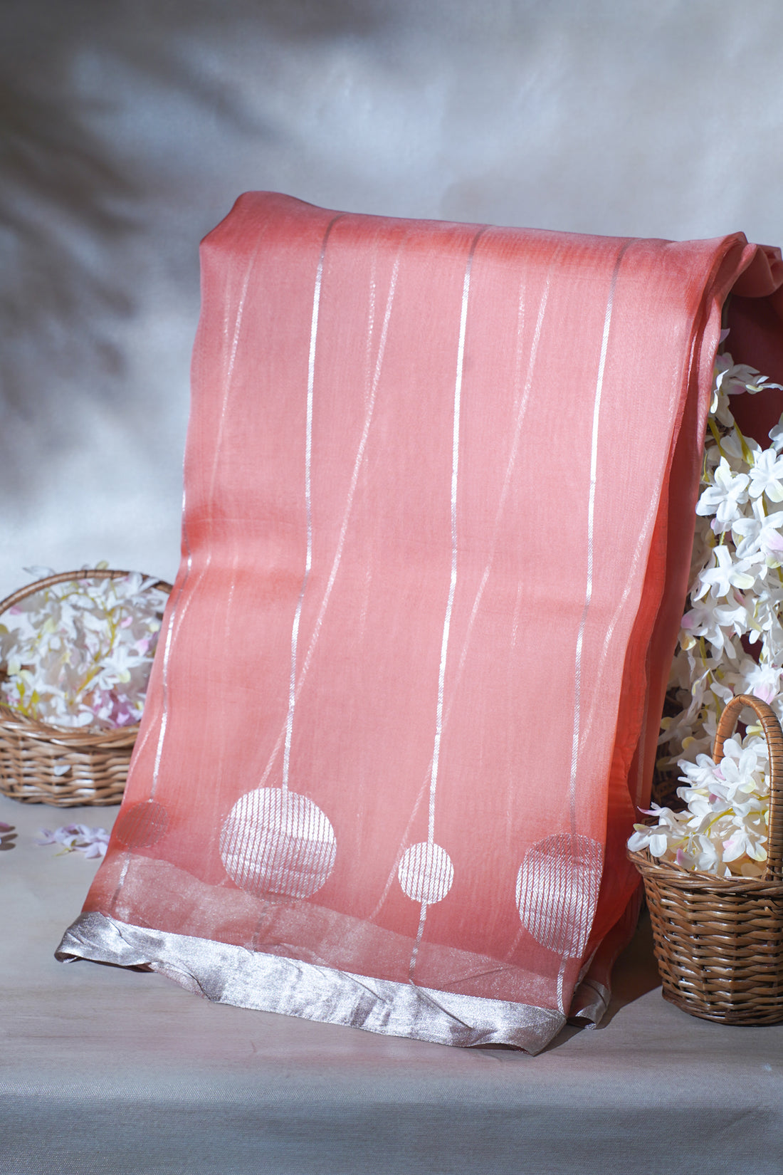 Blush Coral Pure Kora Organza Silk Handloom Saree