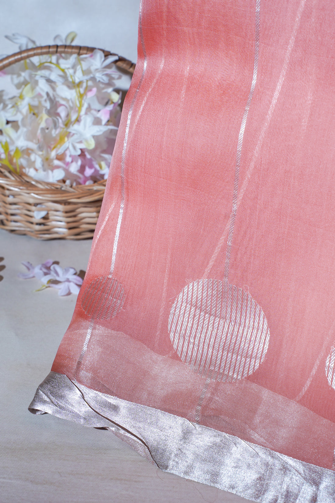 Blush Coral Pure Kora Organza Silk Handloom Saree