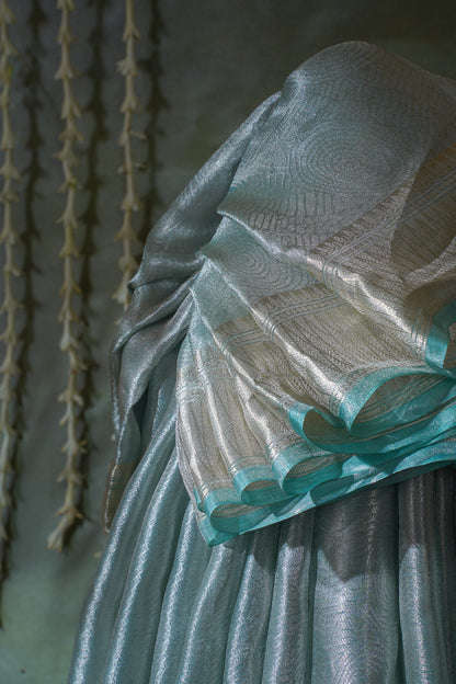 Pure Tissue Molten Gold Handwoven Saree with Teal Border &amp; Pallu