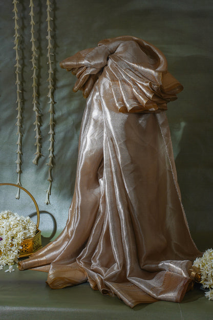 Pure Tissue Molten Gold Handwoven Saree with Bronze-Gold Border &amp; Pallu