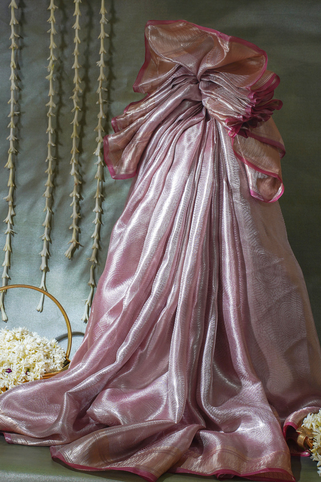 Pure Tissue Molten Gold Handwoven Saree with Rose Pink Border &amp; Pallu