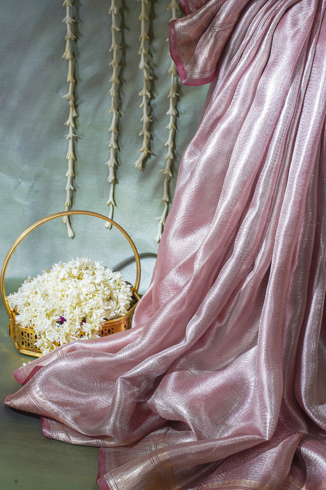 Pure Tissue Molten Gold Handwoven Saree with Rose Pink Border &amp; Pallu
