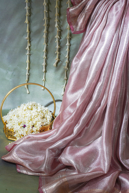 Pure Tissue Molten Gold Handwoven Saree with Rose Pink Border &amp; Pallu