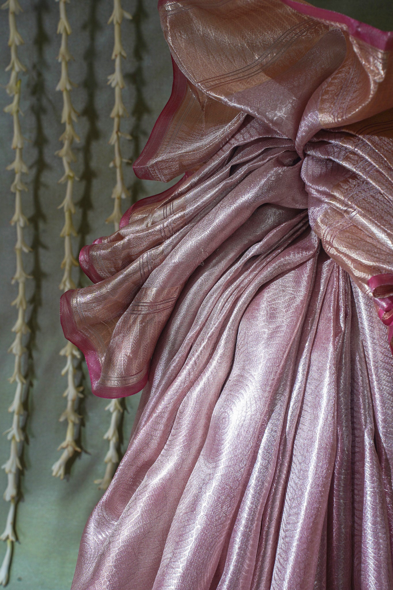 Pure Tissue Molten Gold Handwoven Saree with Rose Pink Border &amp; Pallu