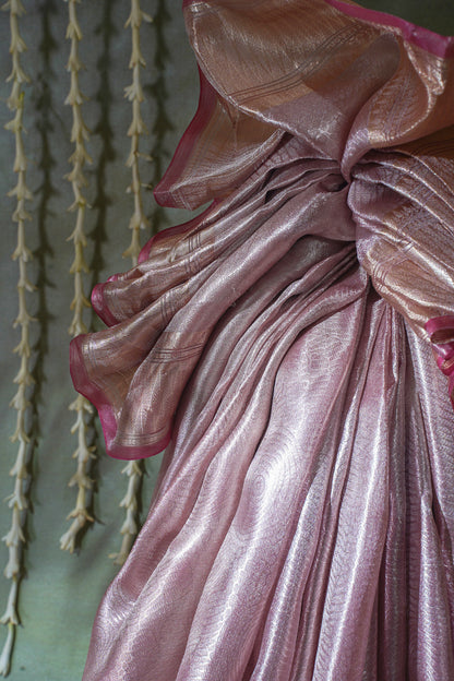 Pure Tissue Molten Gold Handwoven Saree with Rose Pink Border &amp; Pallu
