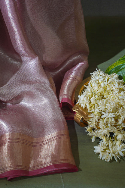 Pure Tissue Molten Gold Handwoven Saree with Rose Pink Border &amp; Pallu