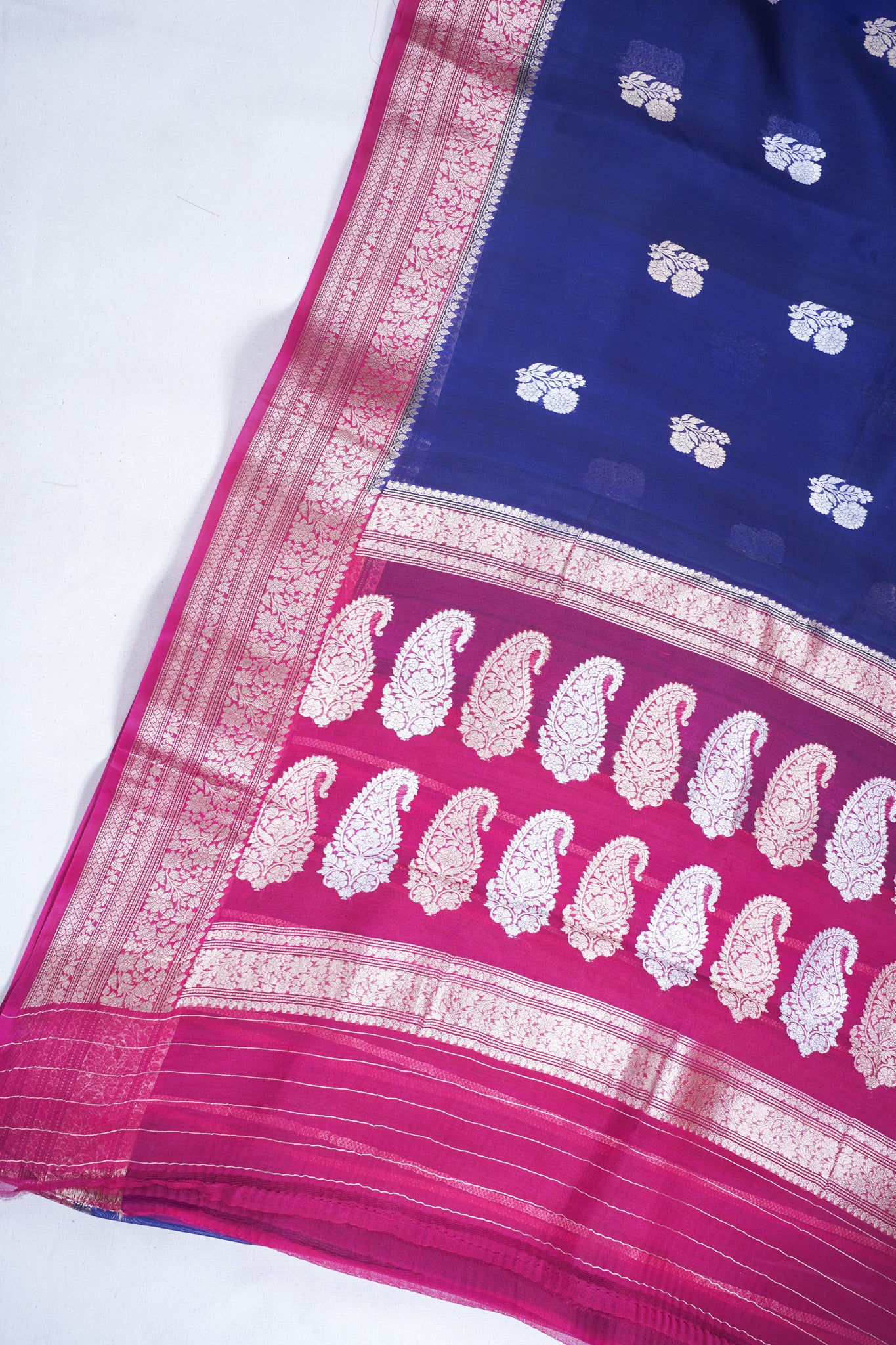 Navy Blue Pure Kora Organza Silk Handloom Saree