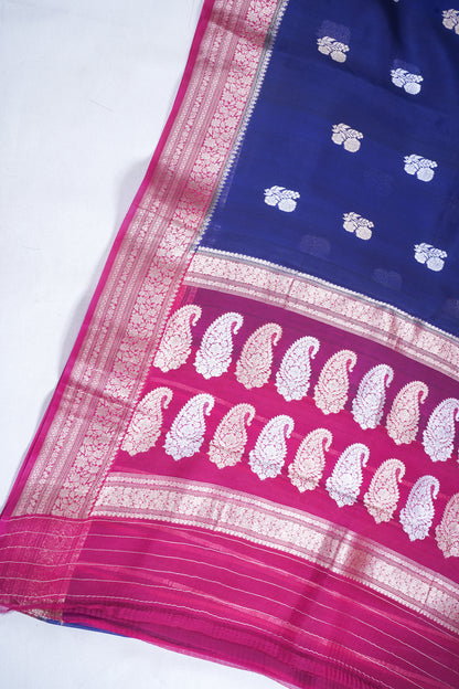 Navy Blue Pure Kora Organza Silk Handloom Saree