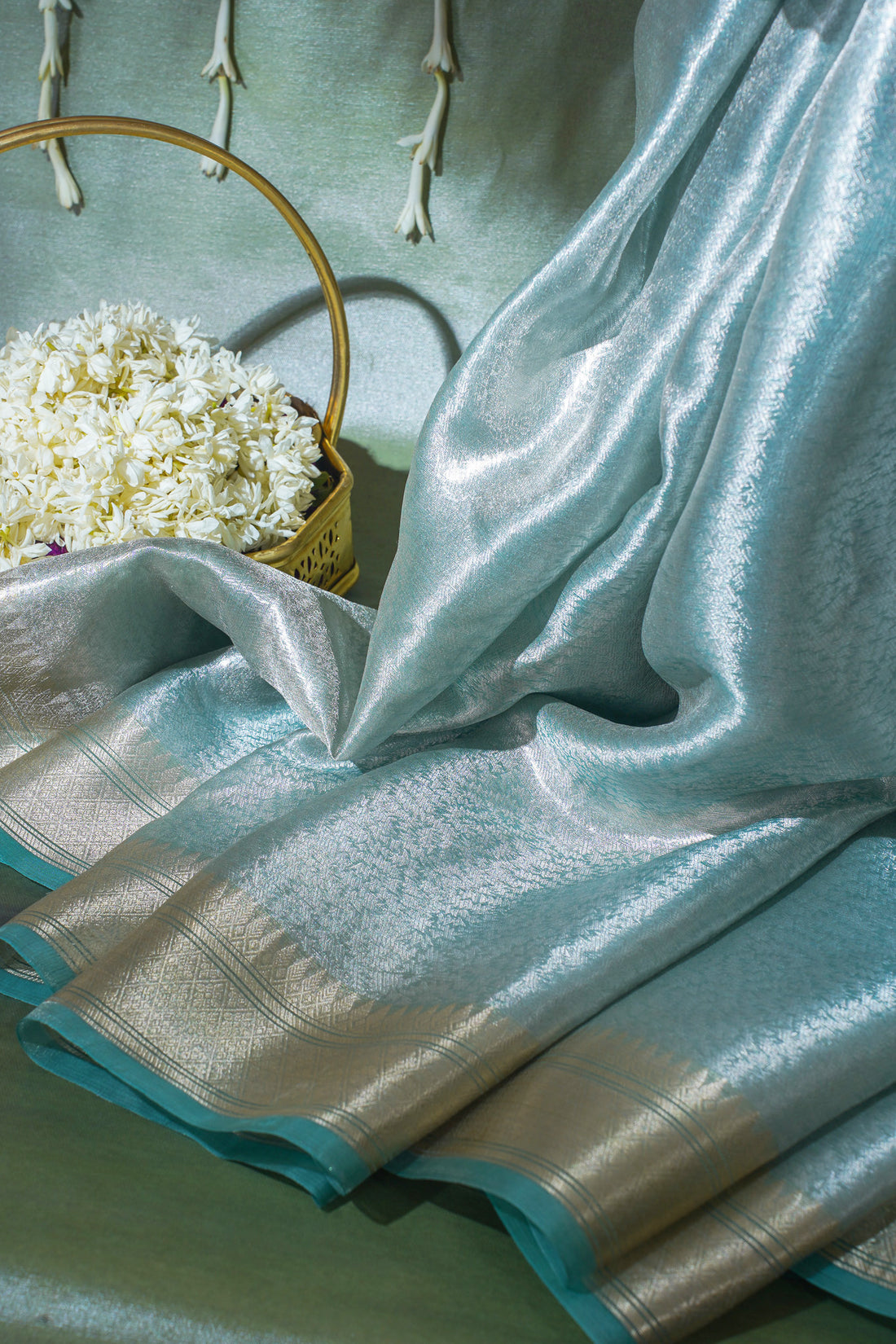 Pure Tissue Molten Gold Handwoven Saree with Aqua Border &amp; Pallu