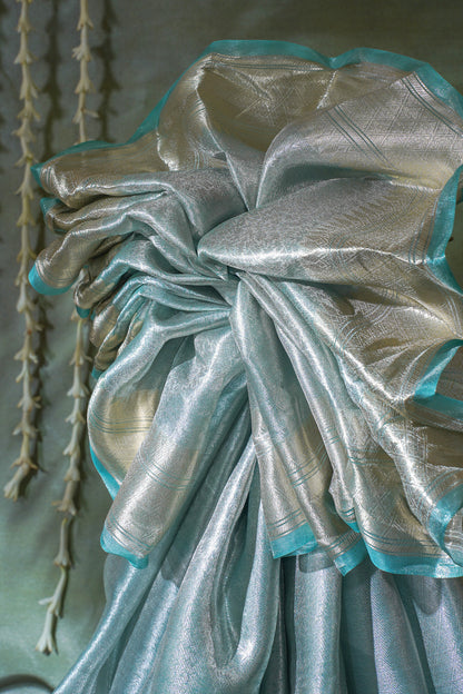 Pure Tissue Molten Gold Handwoven Saree with Aqua Border &amp; Pallu