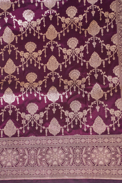 Rani Wine Banarasi Pure Katan Silk Jaal Saree