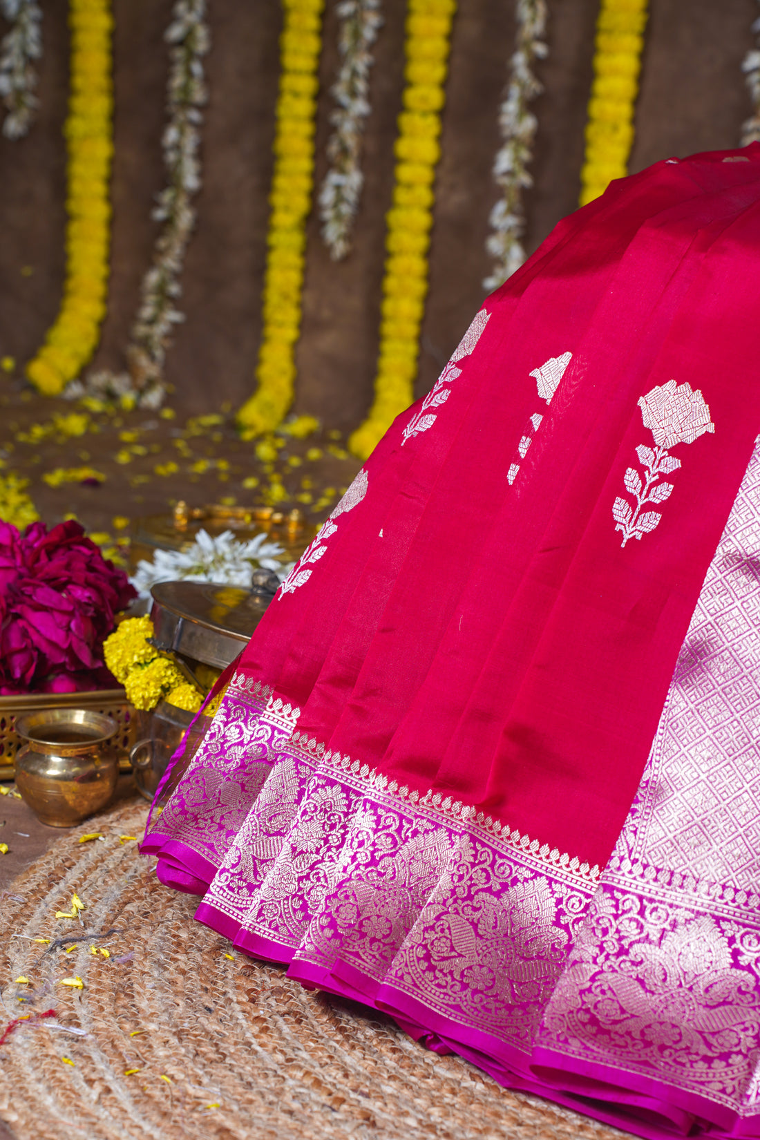 Deep Magenta Pink Handloom Pure Mango Katan Silk Saree