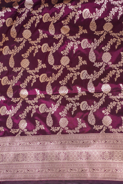 Wine Purple Banarasi Pure Katan Silk Jaal Saree
