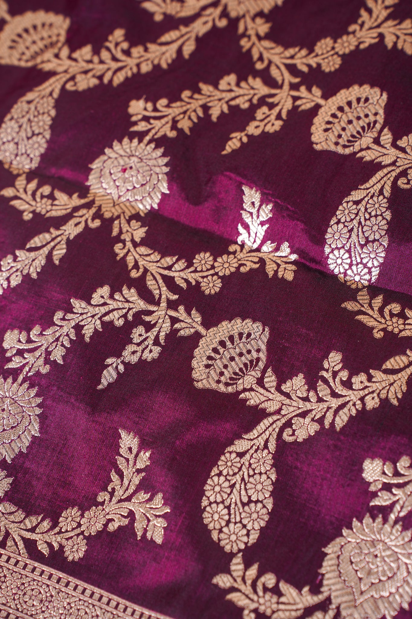 Wine Purple Banarasi Pure Katan Silk Jaal Saree