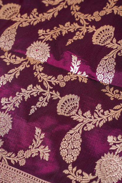 Wine Purple Banarasi Pure Katan Silk Jaal Saree