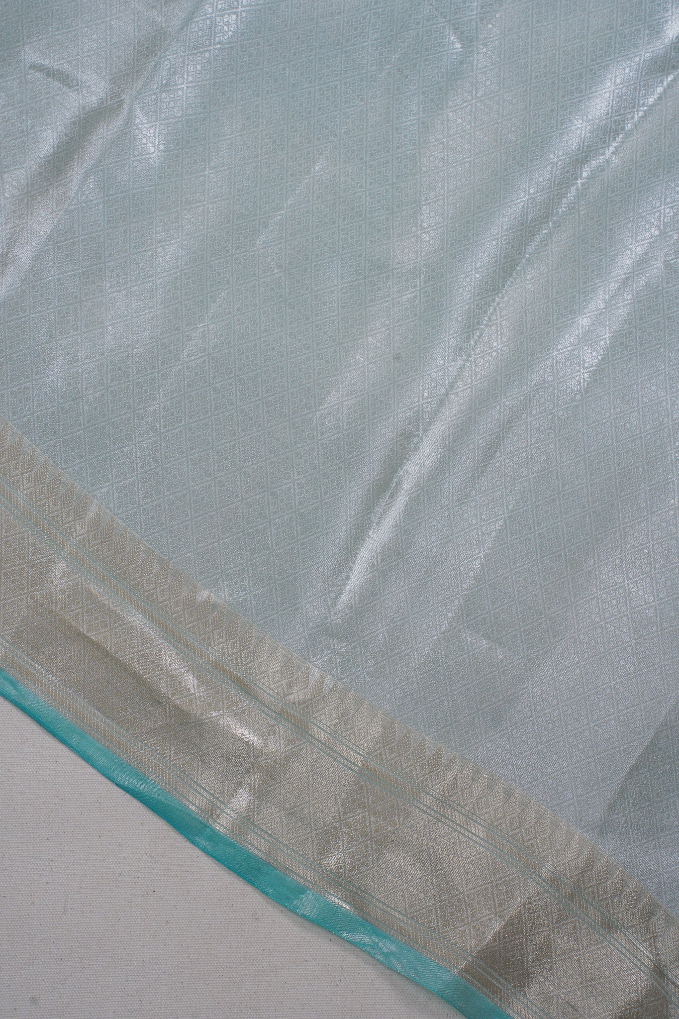 Pure Tissue Molten Gold Handwoven Saree with Aqua Border &amp; Pallu