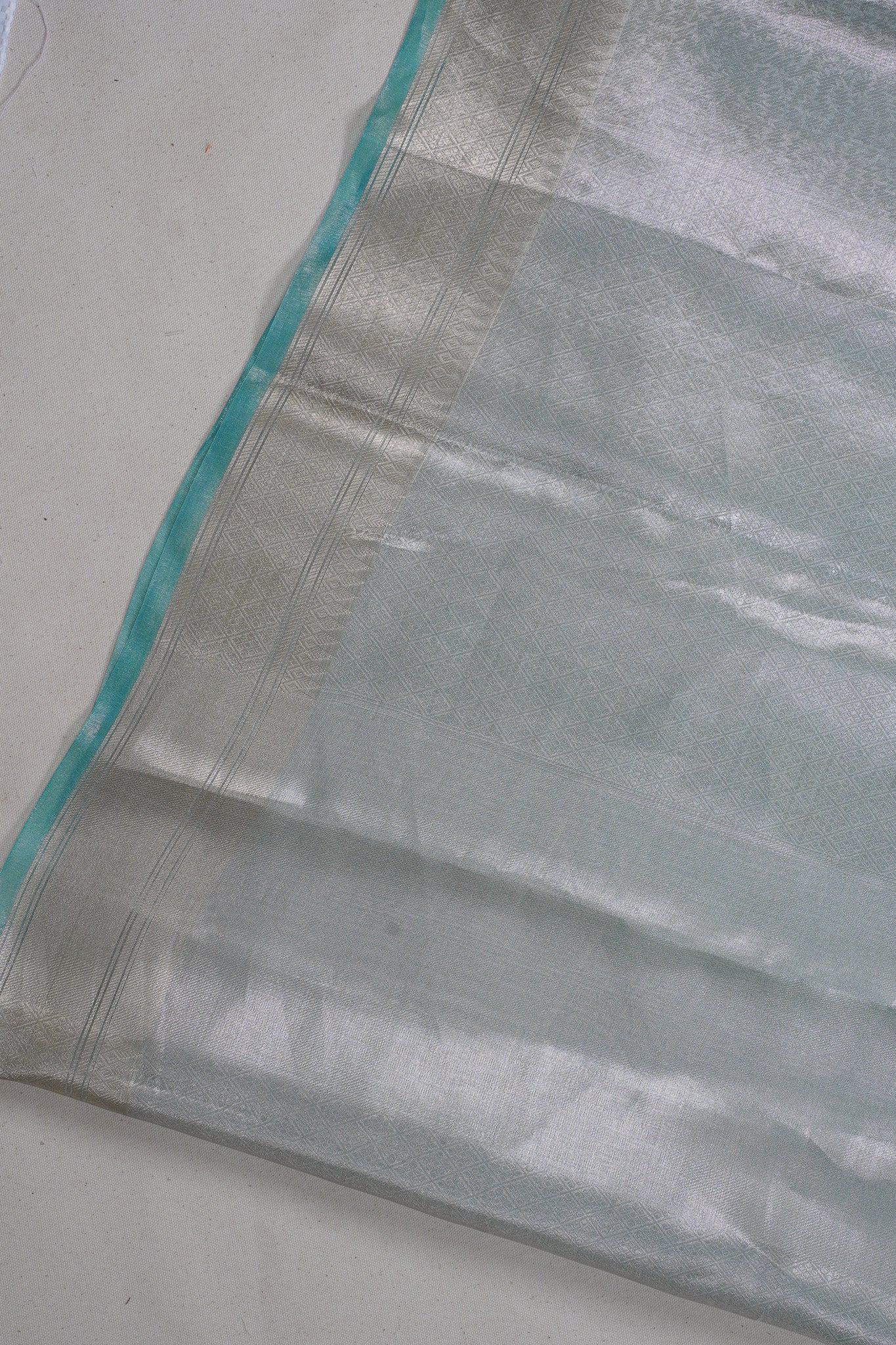 Pure Tissue Molten Gold Handwoven Saree with Aqua Border &amp; Pallu