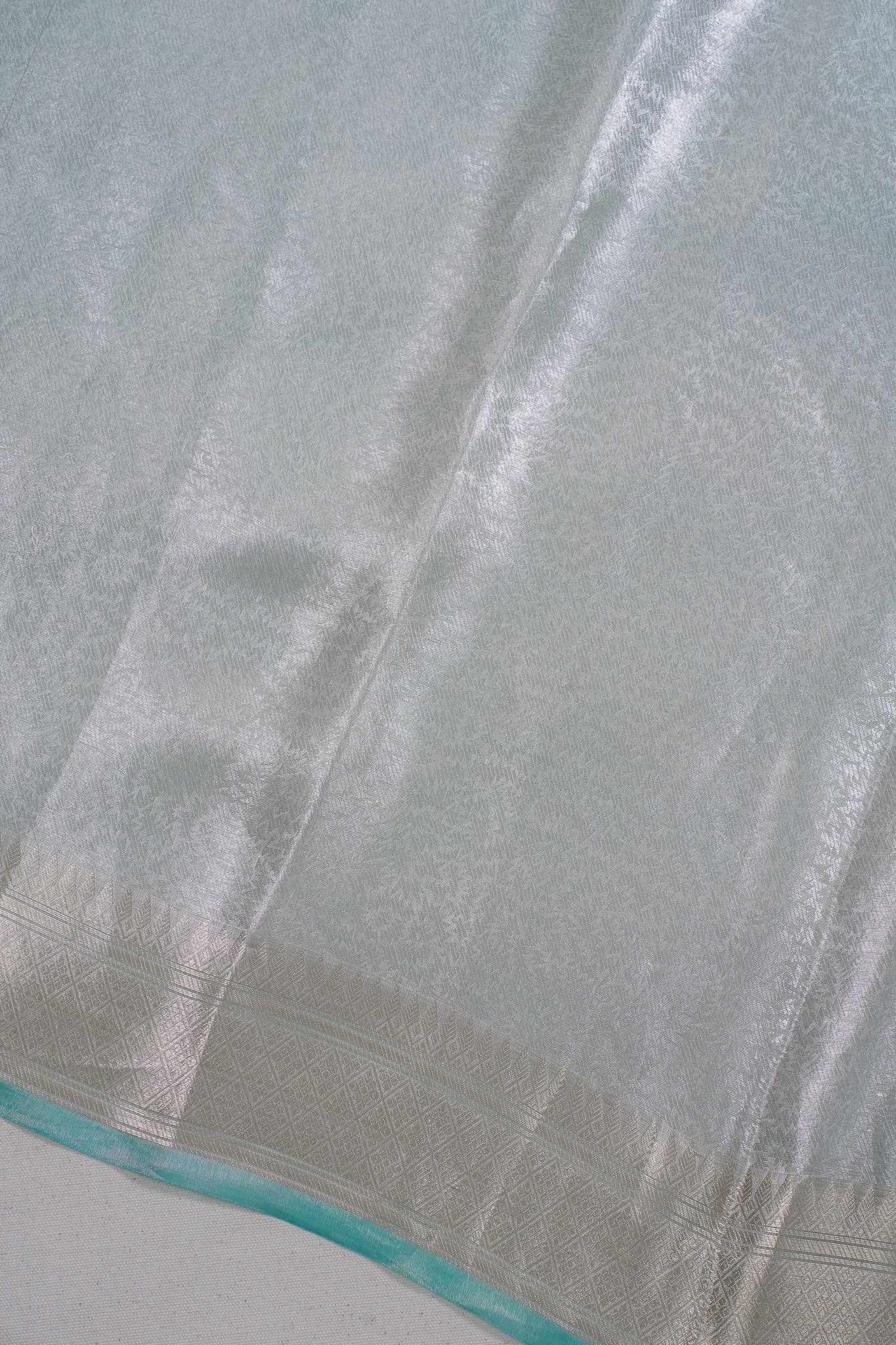 Pure Tissue Molten Gold Handwoven Saree with Aqua Border &amp; Pallu