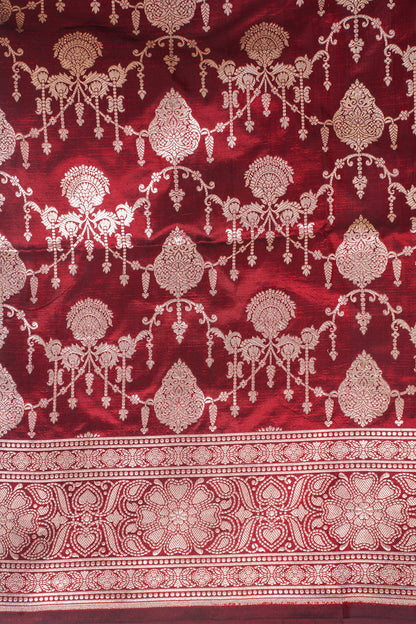 Maroon Banarasi Pure Katan Silk Jaal Saree