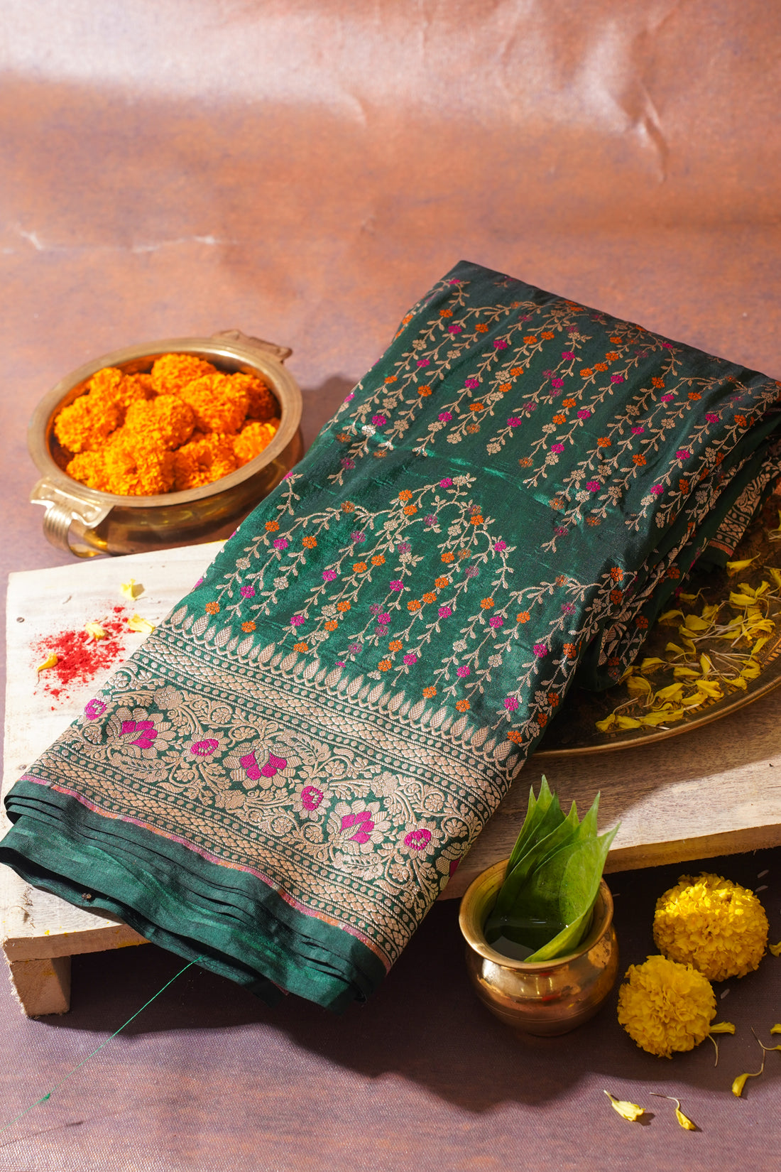 Emerald Green Banarasi Pure Katan Silk Minakari Jaal Saree