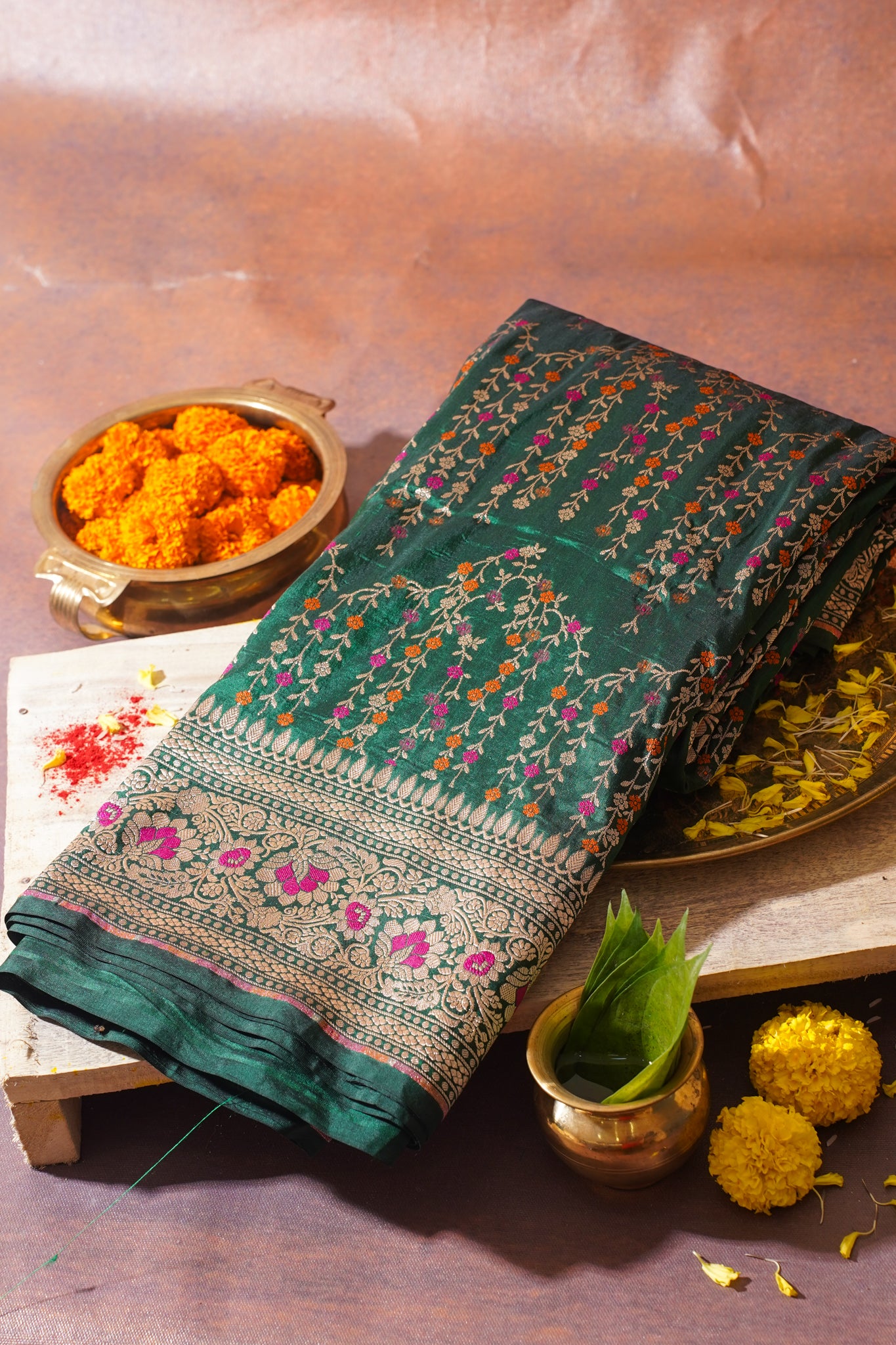 Emerald Green Banarasi Pure Katan Silk Minakari Jaal Saree