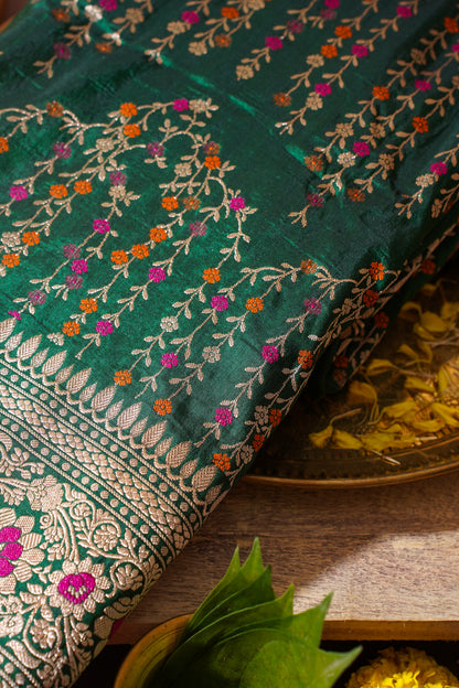 Emerald Green Banarasi Pure Katan Silk Minakari Jaal Saree