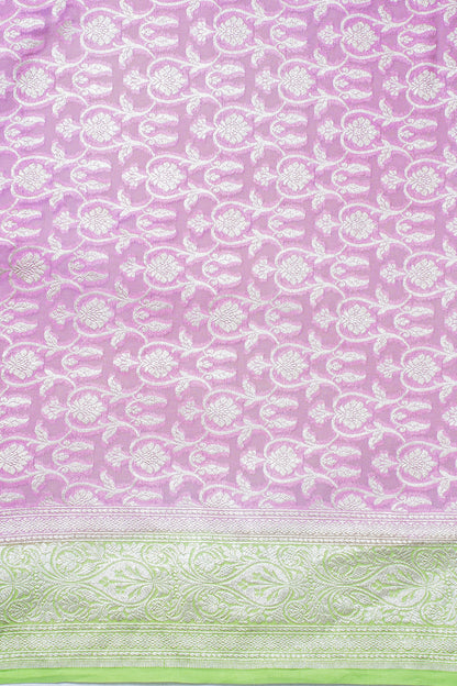 Pink &amp; Pista Green Pure Khaddi Georgette Brocade Banarasi Saree