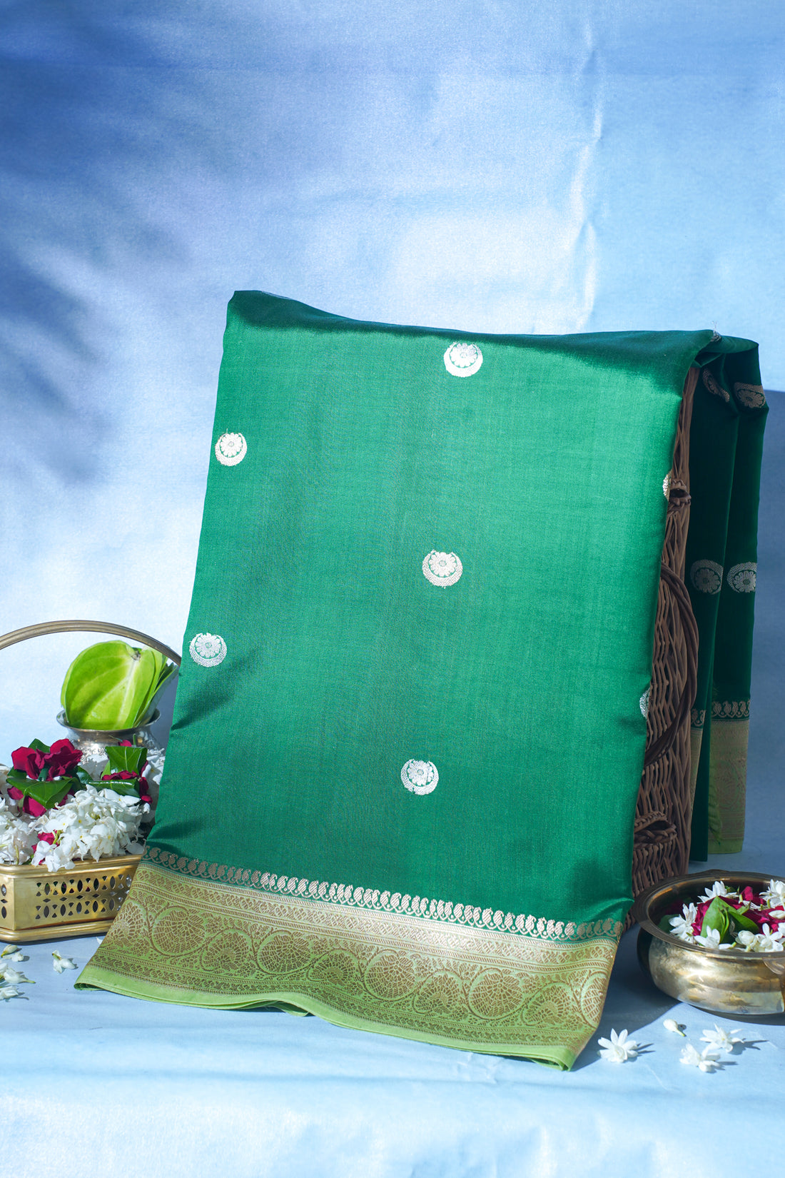 Green Pure Mango Katan Silk Handwoven Saree