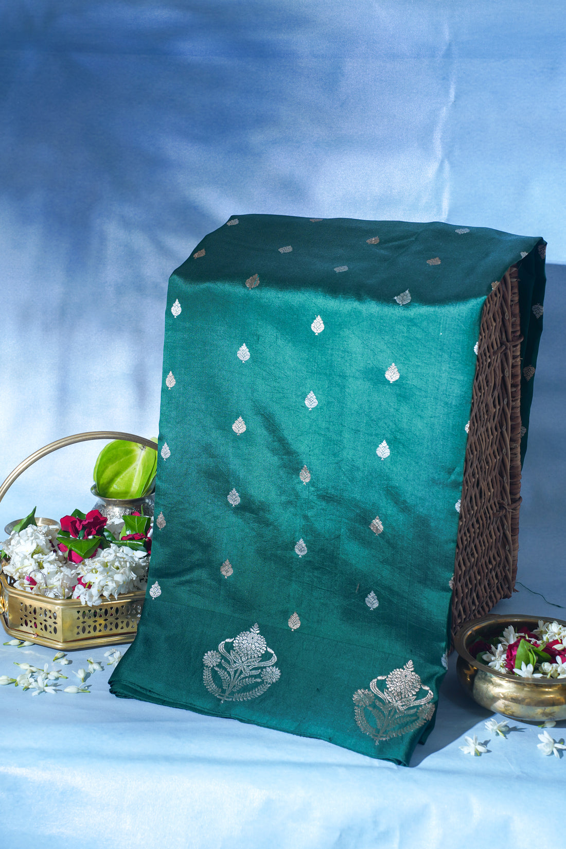 Bottle Green Pure Mango Katan Silk Handwoven Saree
