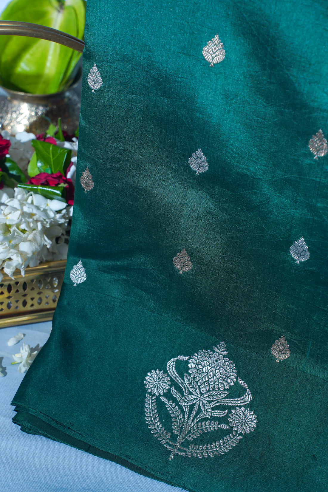 Bottle Green Pure Mango Katan Silk Handwoven Saree