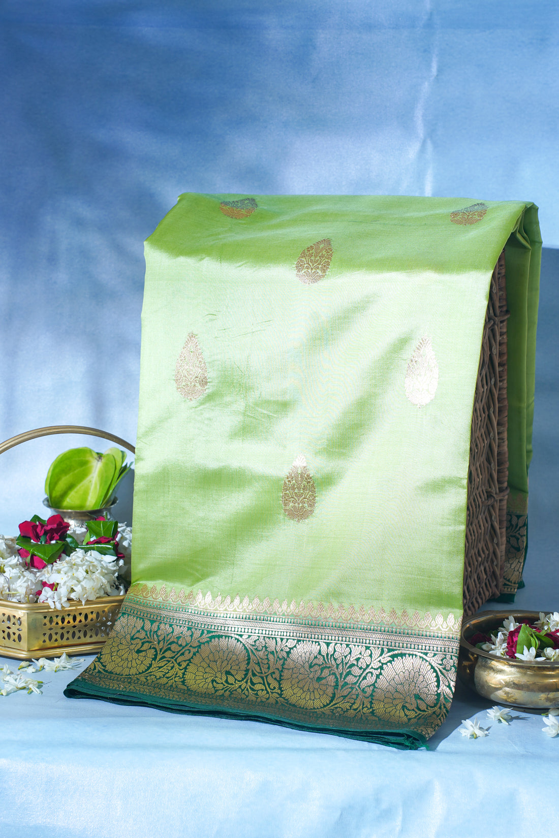Parrot Green Pure Mango Katan Silk Handwoven Saree