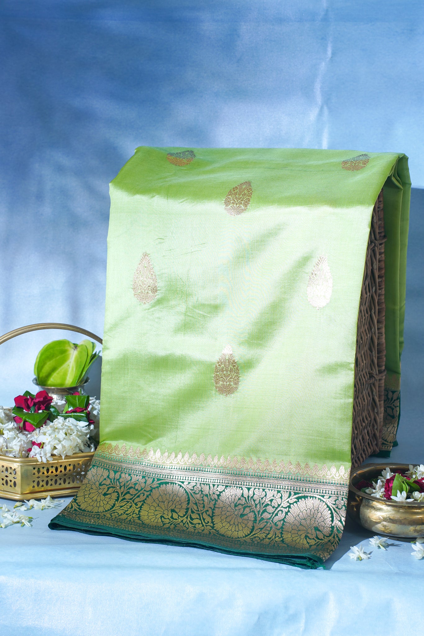 Parrot Green Pure Mango Katan Silk Handwoven Saree