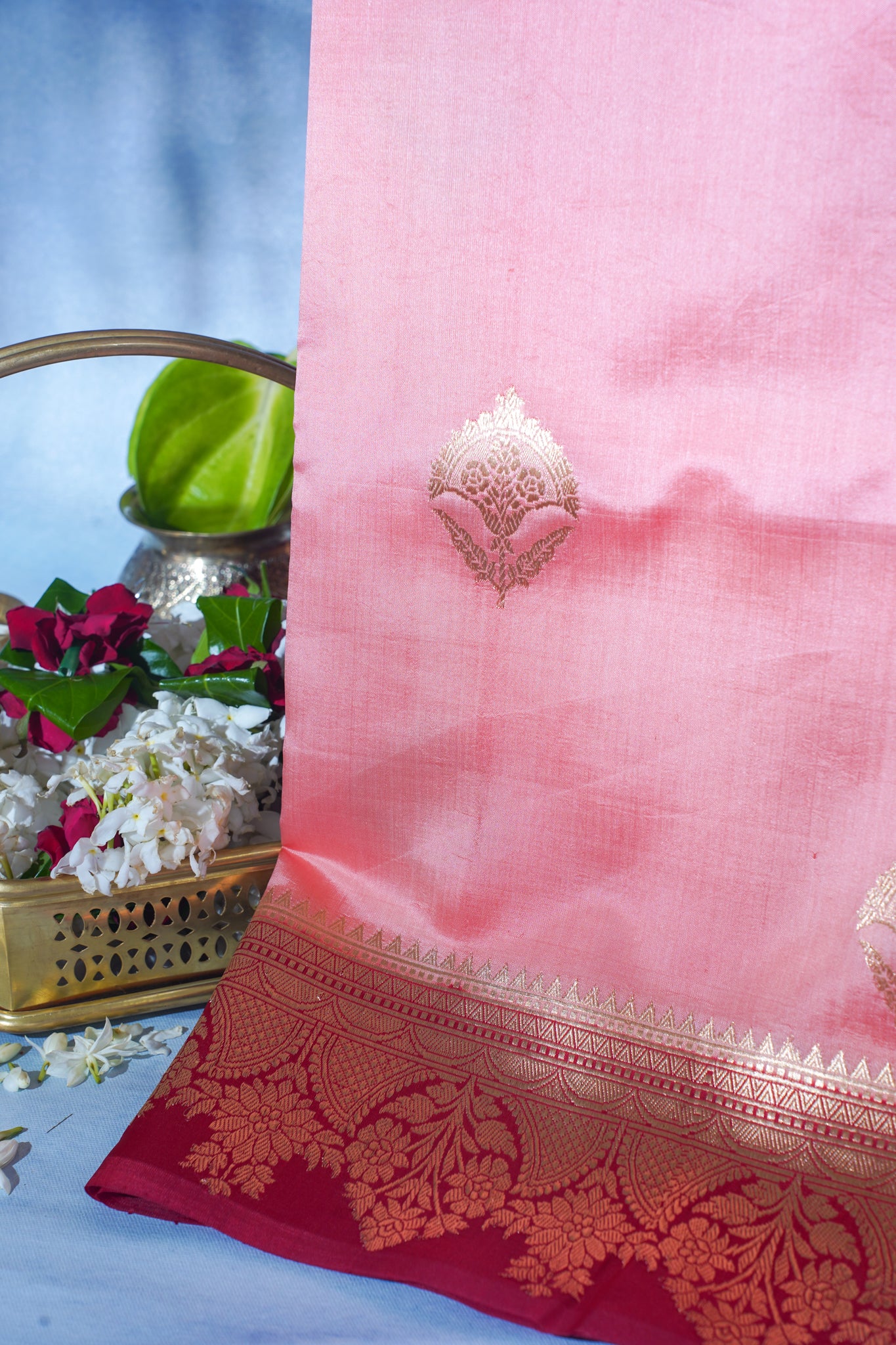Peach-Pink Pure Mango Katan Silk Handwoven Saree