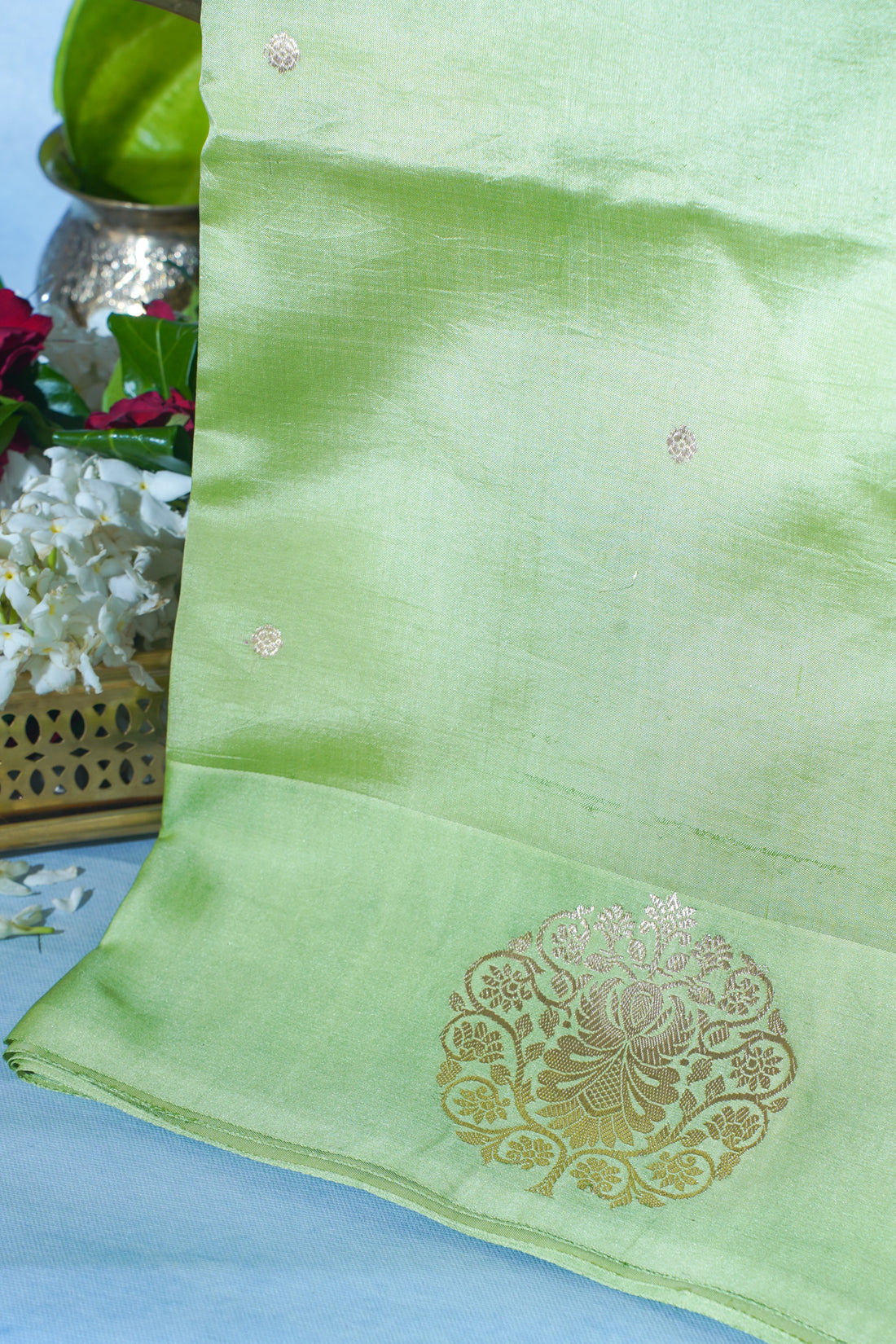 Pastel Green Pure Mango katan silk handloom Saree