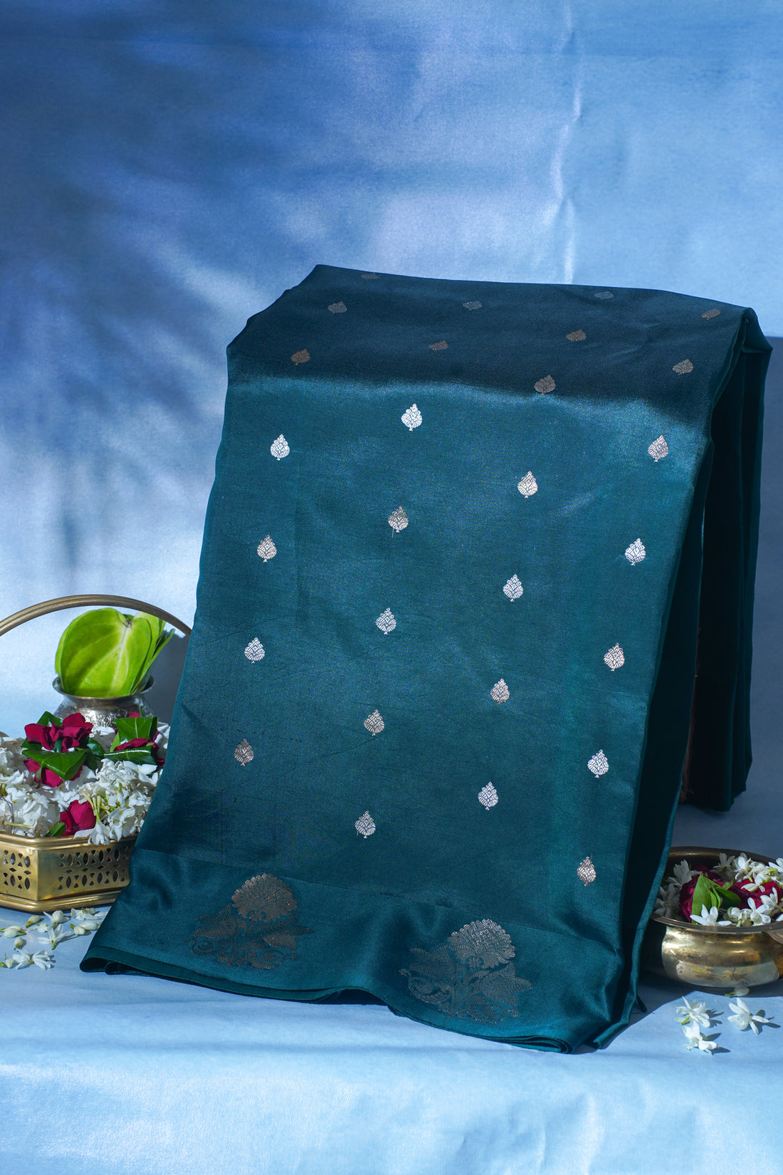Teal Green Pure Mango katan silk handloom Saree