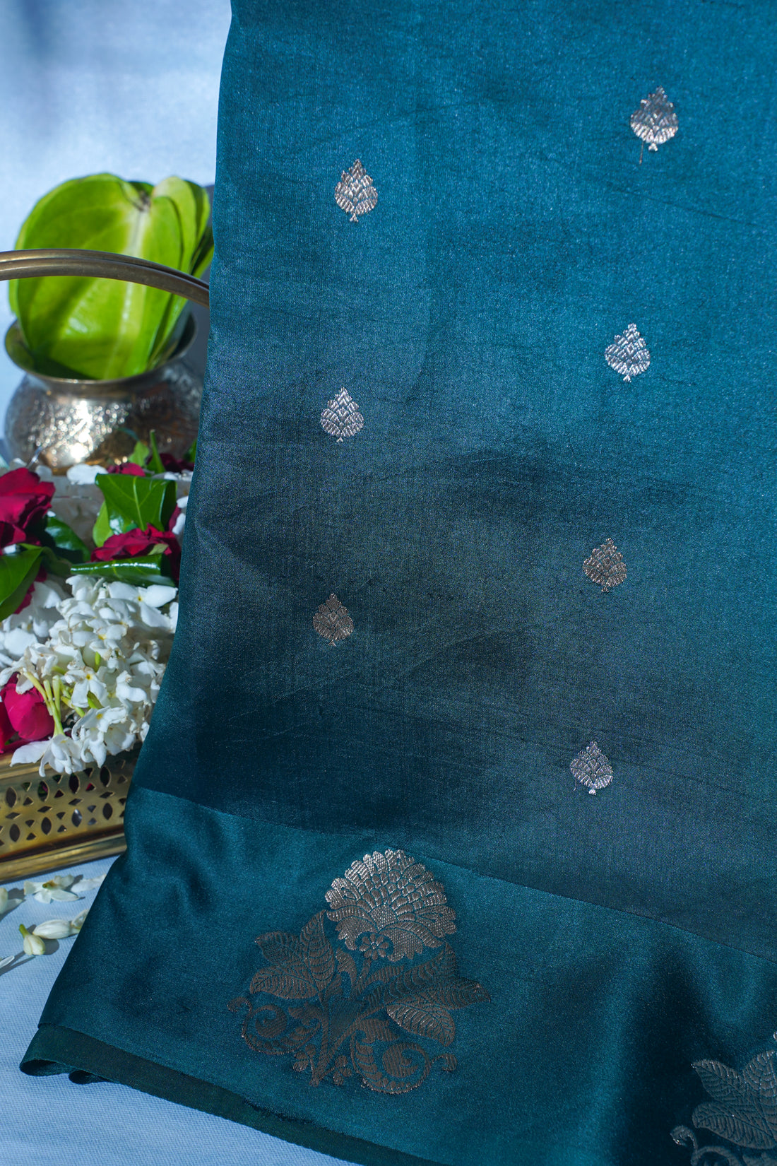 Teal Green Pure Mango katan silk handloom Saree