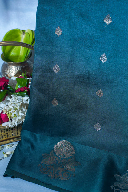 Teal Green Pure Mango katan silk handloom Saree