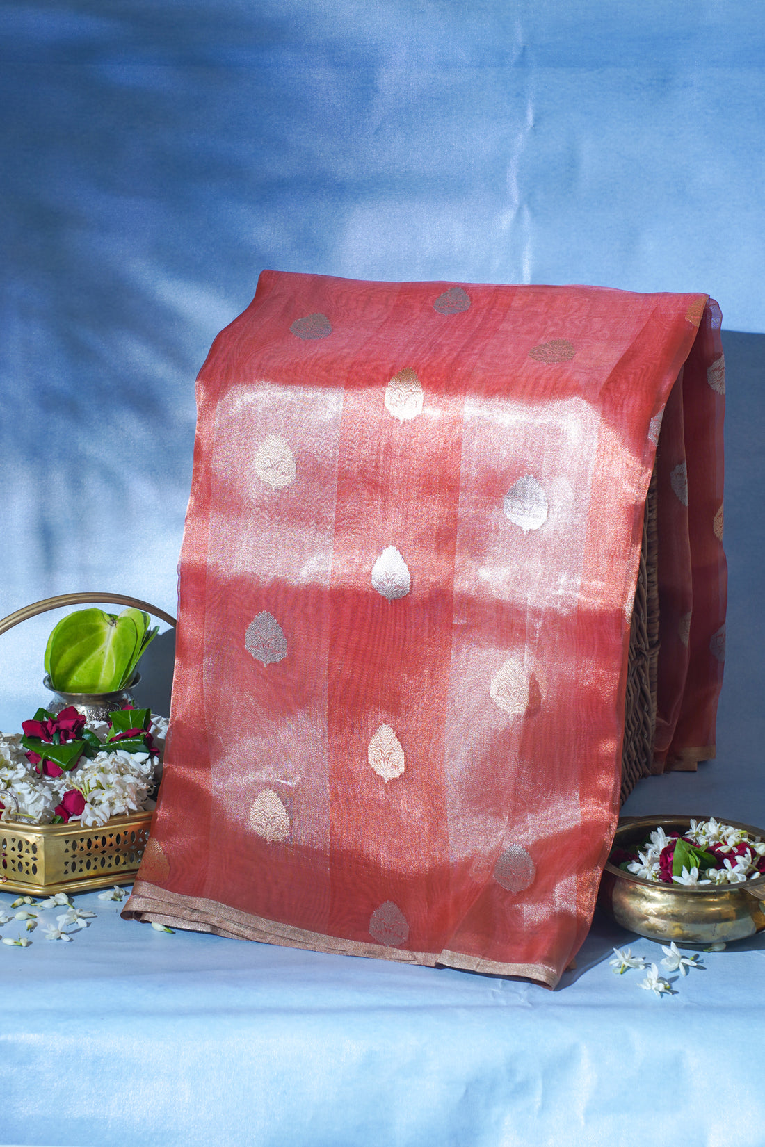 Rust-Rose Pure Tissue Silk Handloom Saree