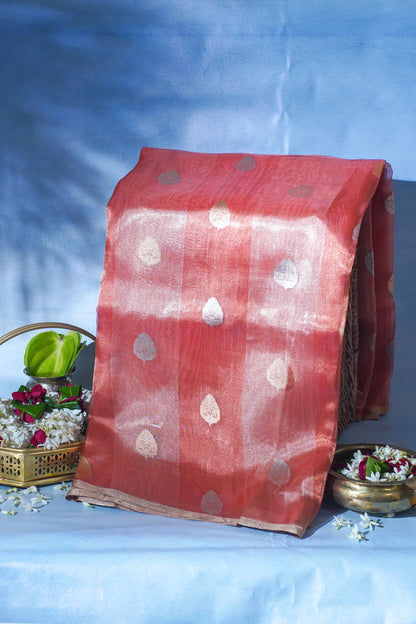 Rust-Rose Pure Tissue Silk Handloom Saree