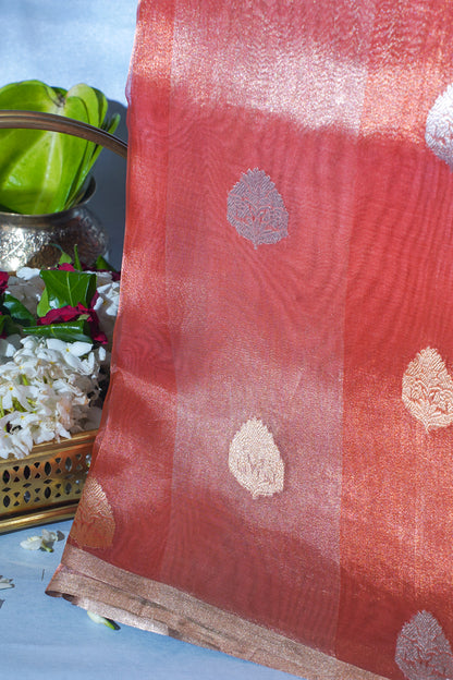 Rust-Rose Pure Tissue Silk Handloom Saree