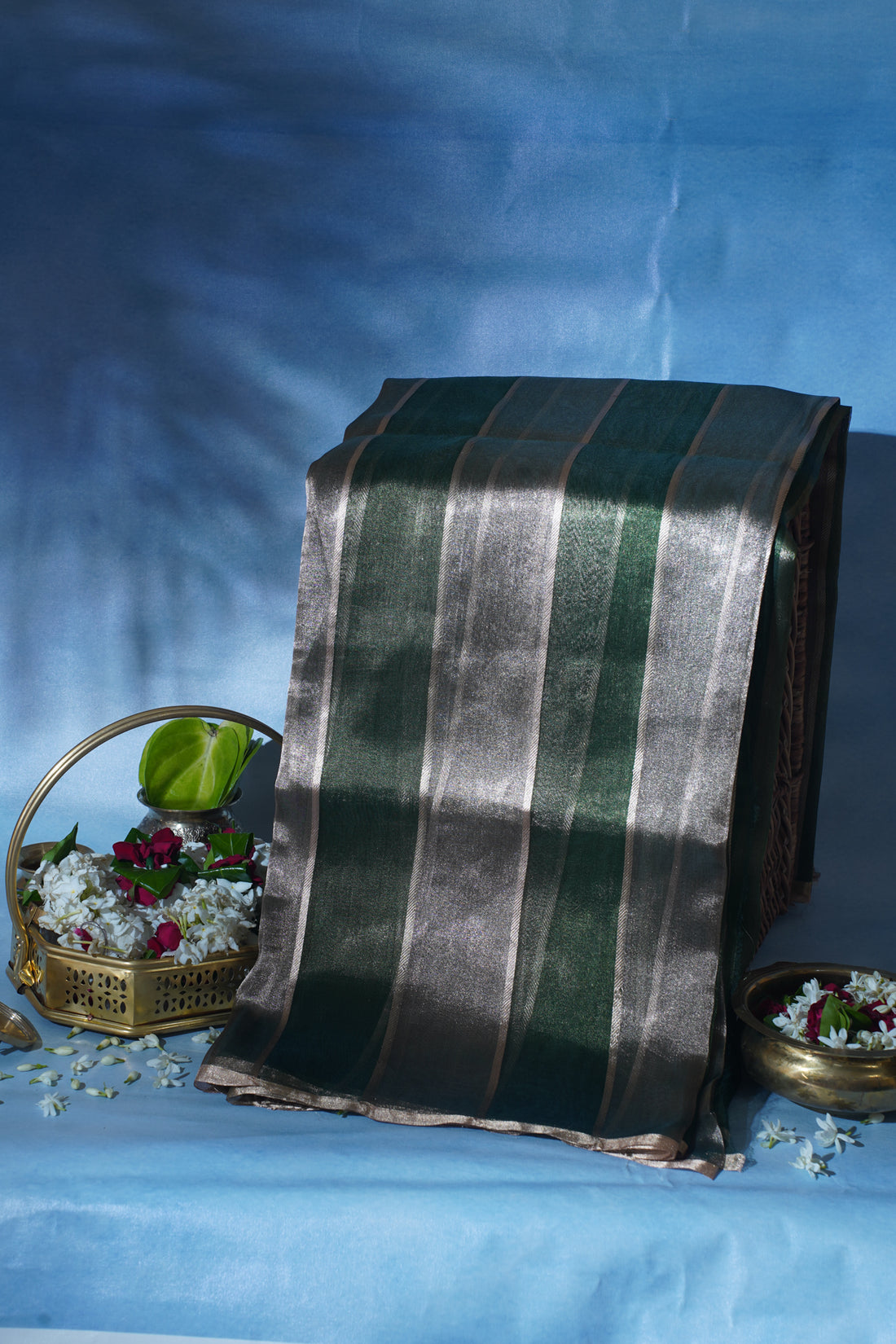 Green and silver Pure Tissue Silk Handloom Saree
