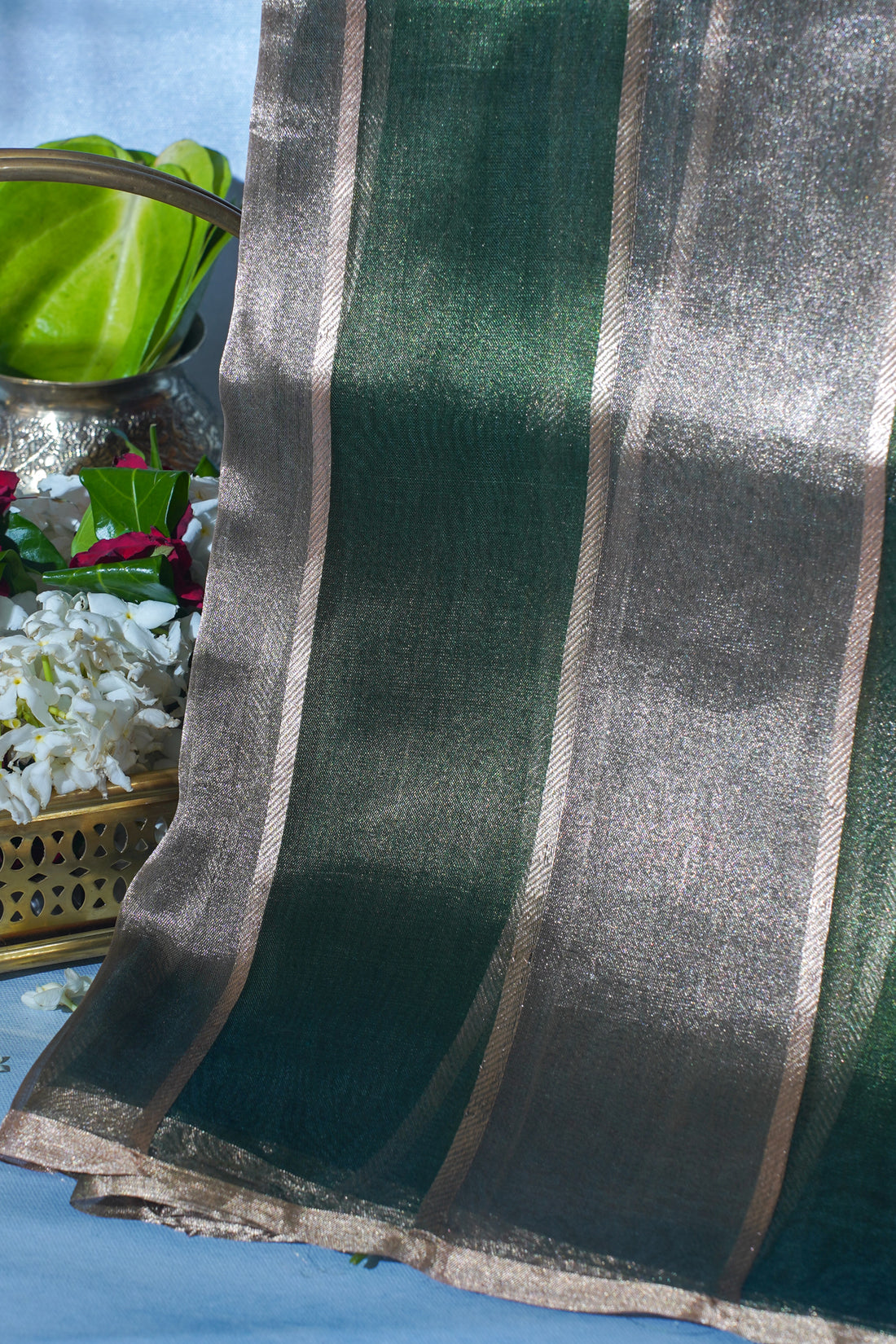 Green and silver Pure Tissue Silk Handloom Saree