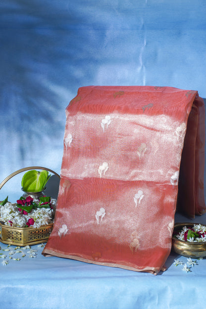 Peach-Pink Pure Tissue Silk Handloom Saree