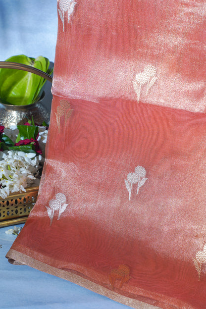 Peach-Pink Pure Tissue Silk Handloom Saree